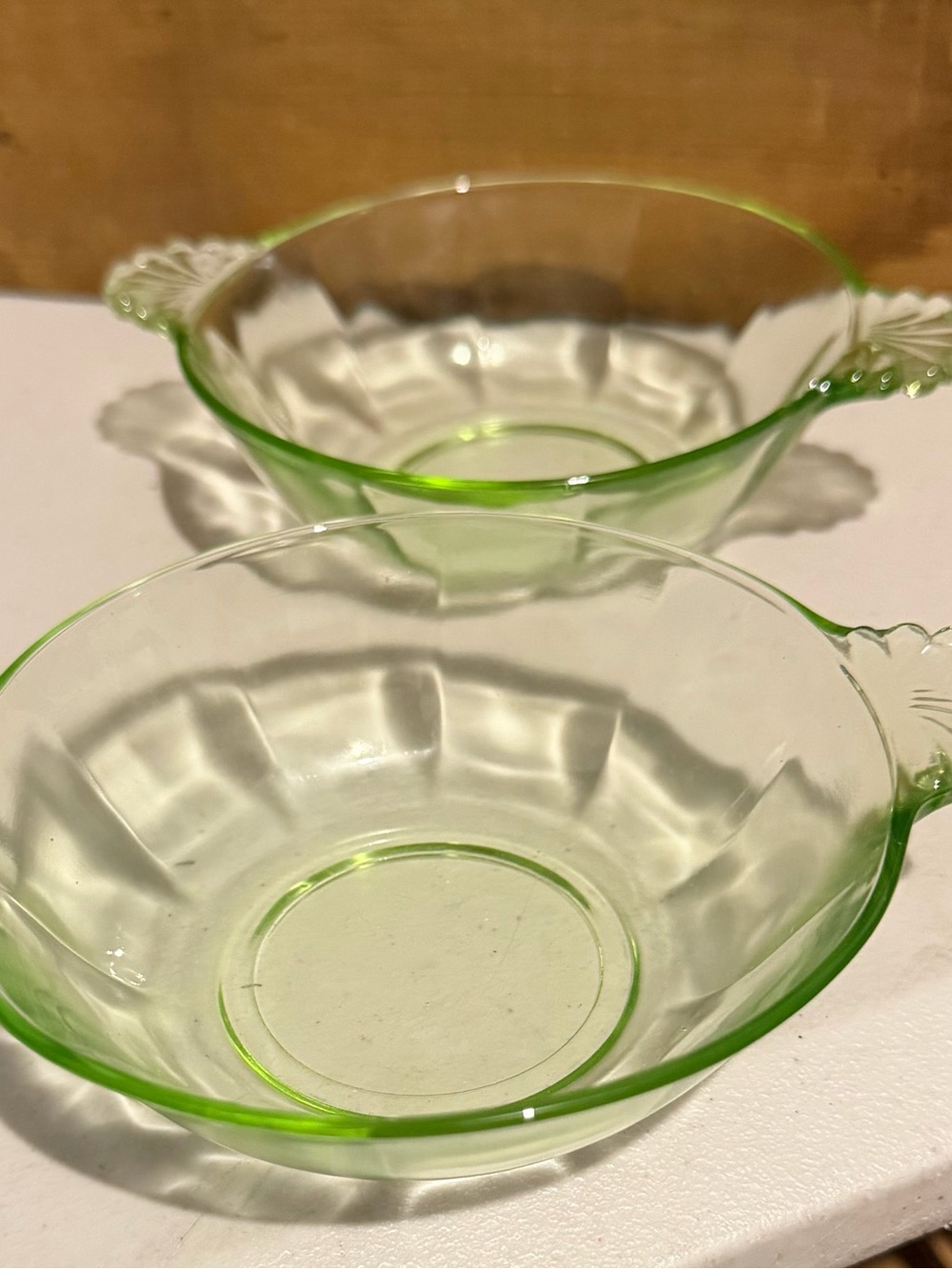 Set of 2 Green Uranium Glass Handled Bowls
